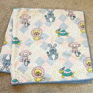 Vintage Baby Blanket Pastel Lion Bunny Monkey Turtle 60s Retro Denim Handmade
